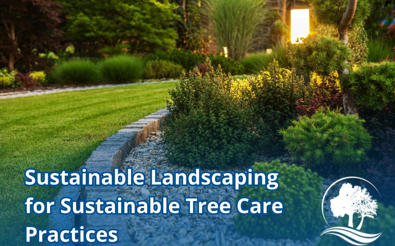 Residential yard with native trees, mulch beds, and rainwater features