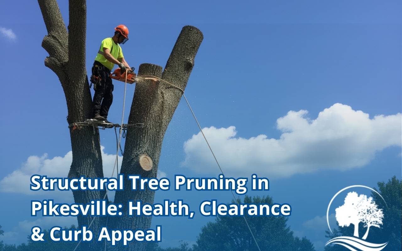 Certified arborist performing structural tree pruning Pikesville canopy maintenance