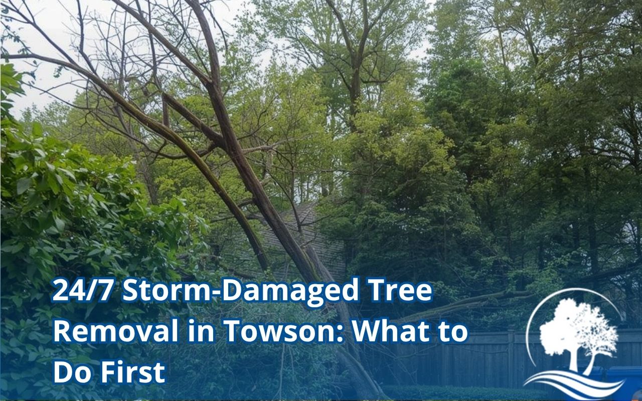 Storm-Damaged Tree Removal in Towson clearing a blocked driveway at night