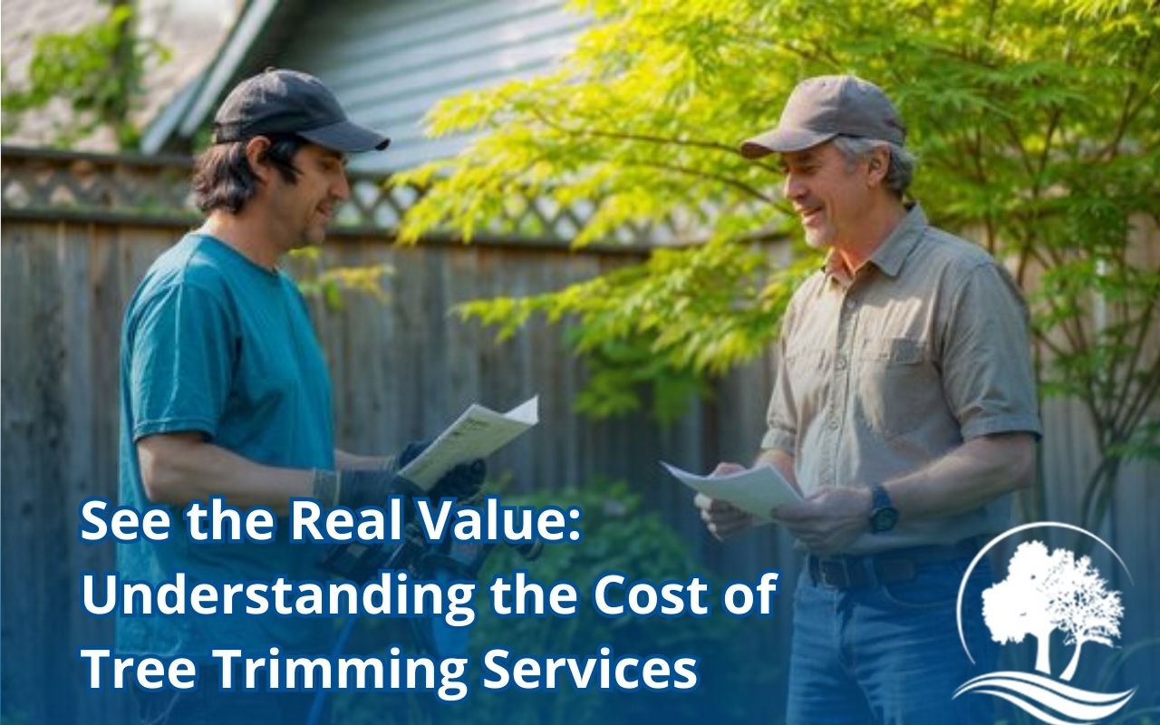 Homeowner and arborist discussing Understanding the Cost of Tree Trimming Services during a yard inspection