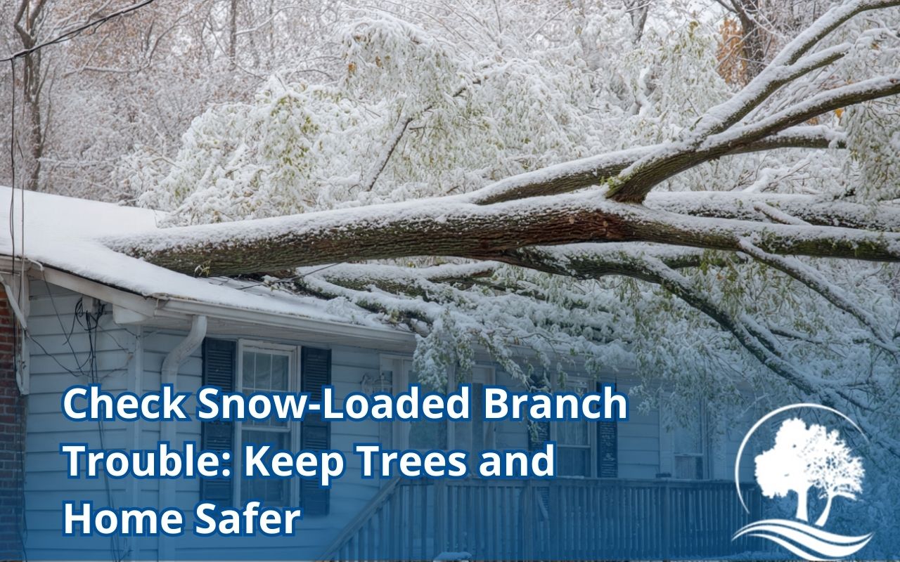 Heavy Snow Branch Risks shown by a sagging tree limb after a wet snowfall near a home.
