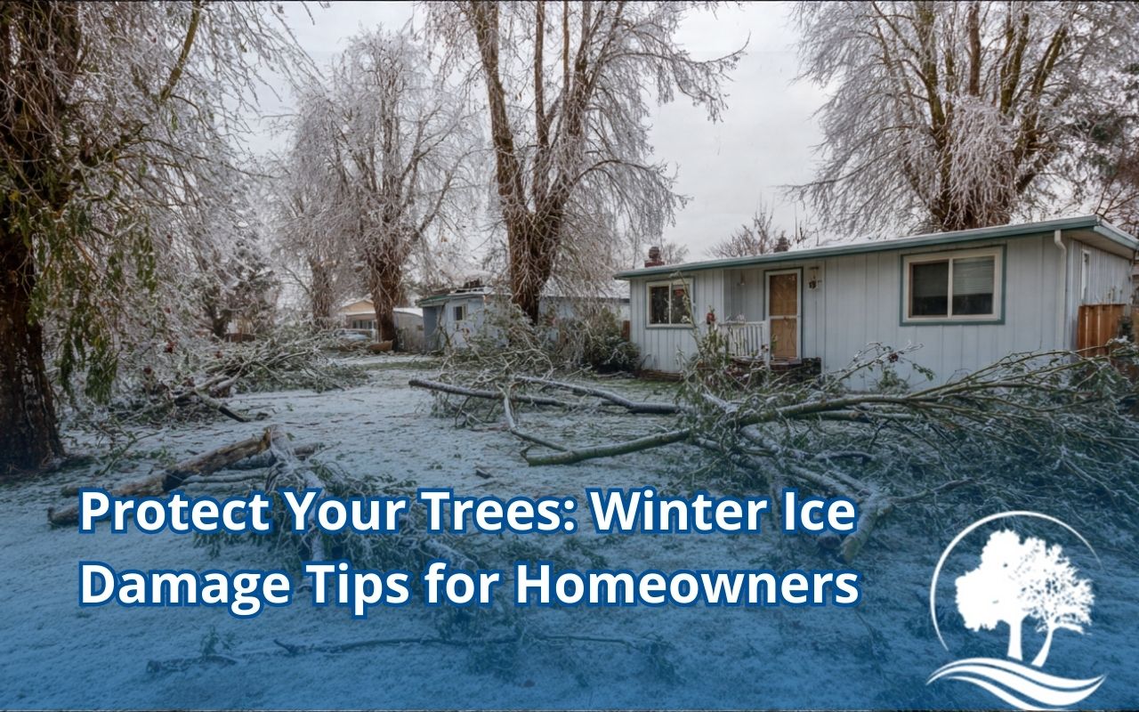 Ice Storm Tree Damage showing broken limbs and scattered branches in a residential yard
