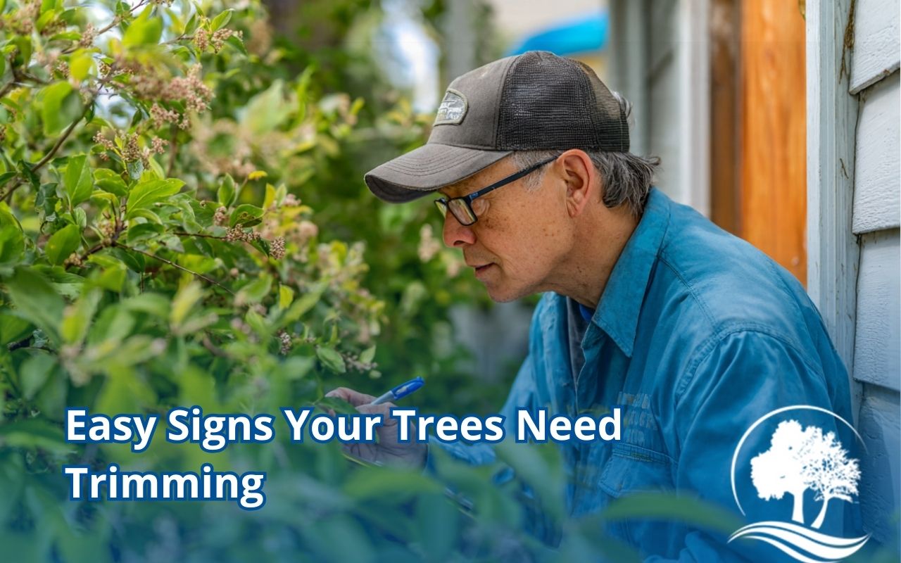 Homeowner spotting signs trees need trimming during a quick yard inspection