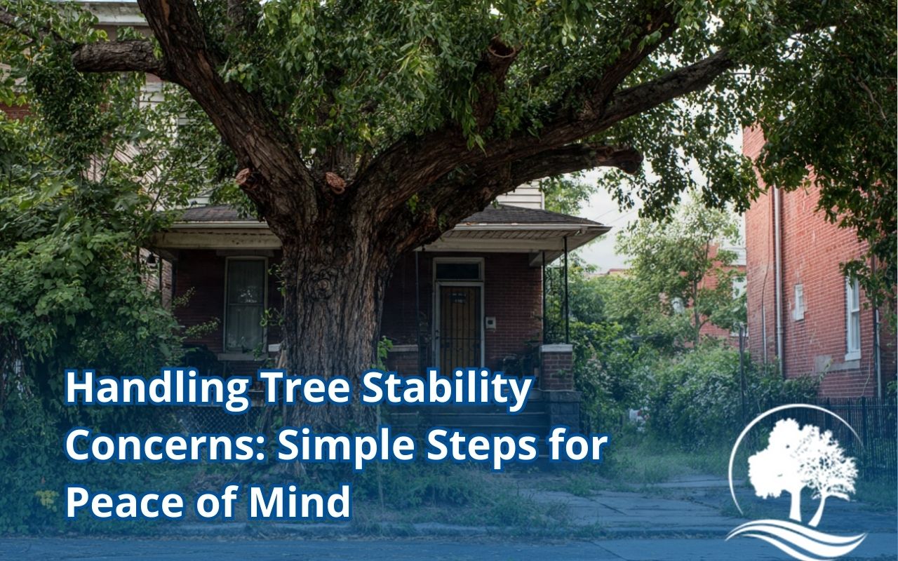 Leaning tree warning signs linked to tree stability concerns near a home in Baltimore