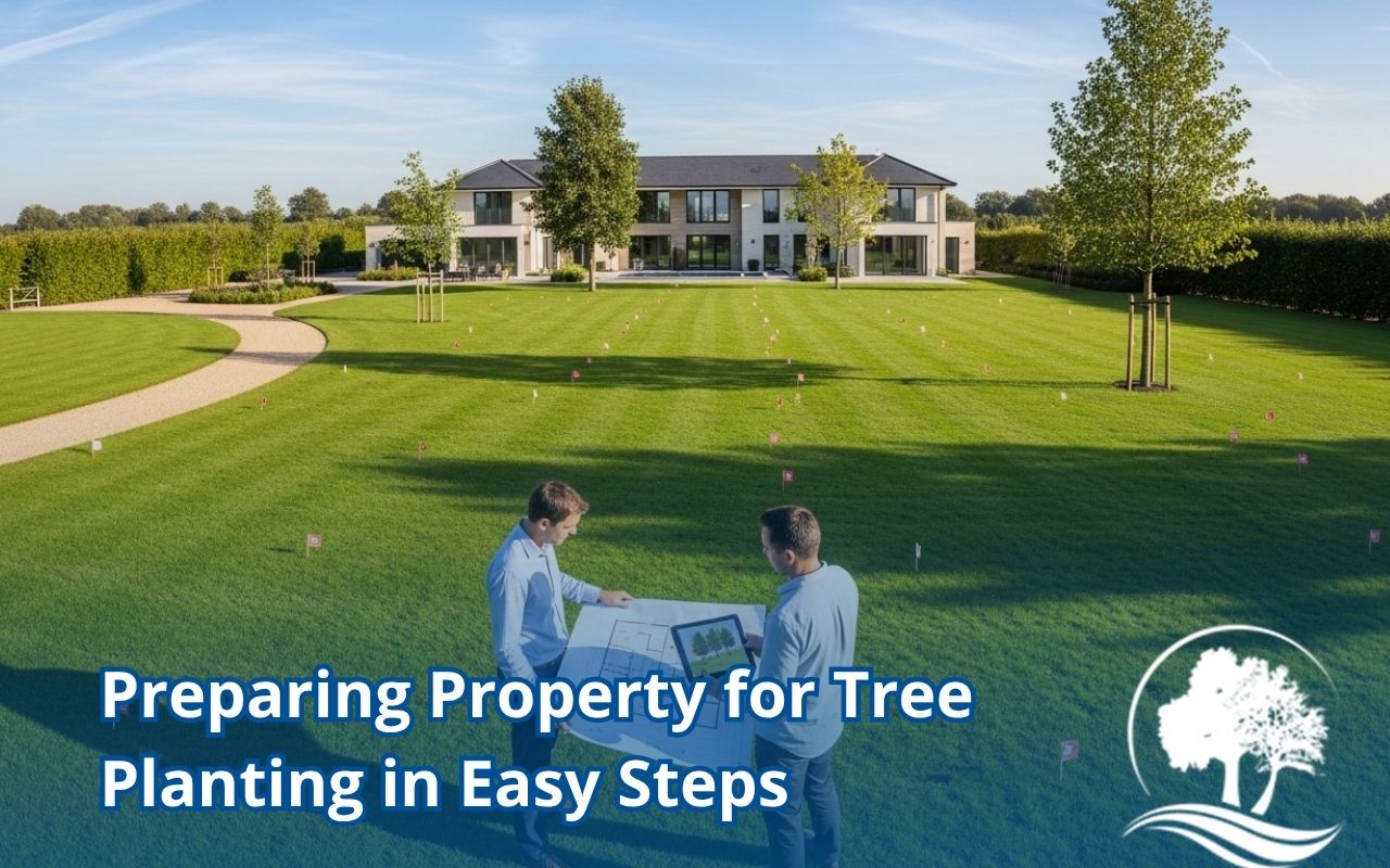 Preparing property for tree planting by checking yard layout and tree spacing