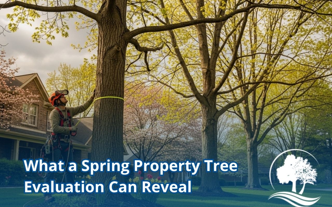 spring property tree evaluation in a front yard with mature trees