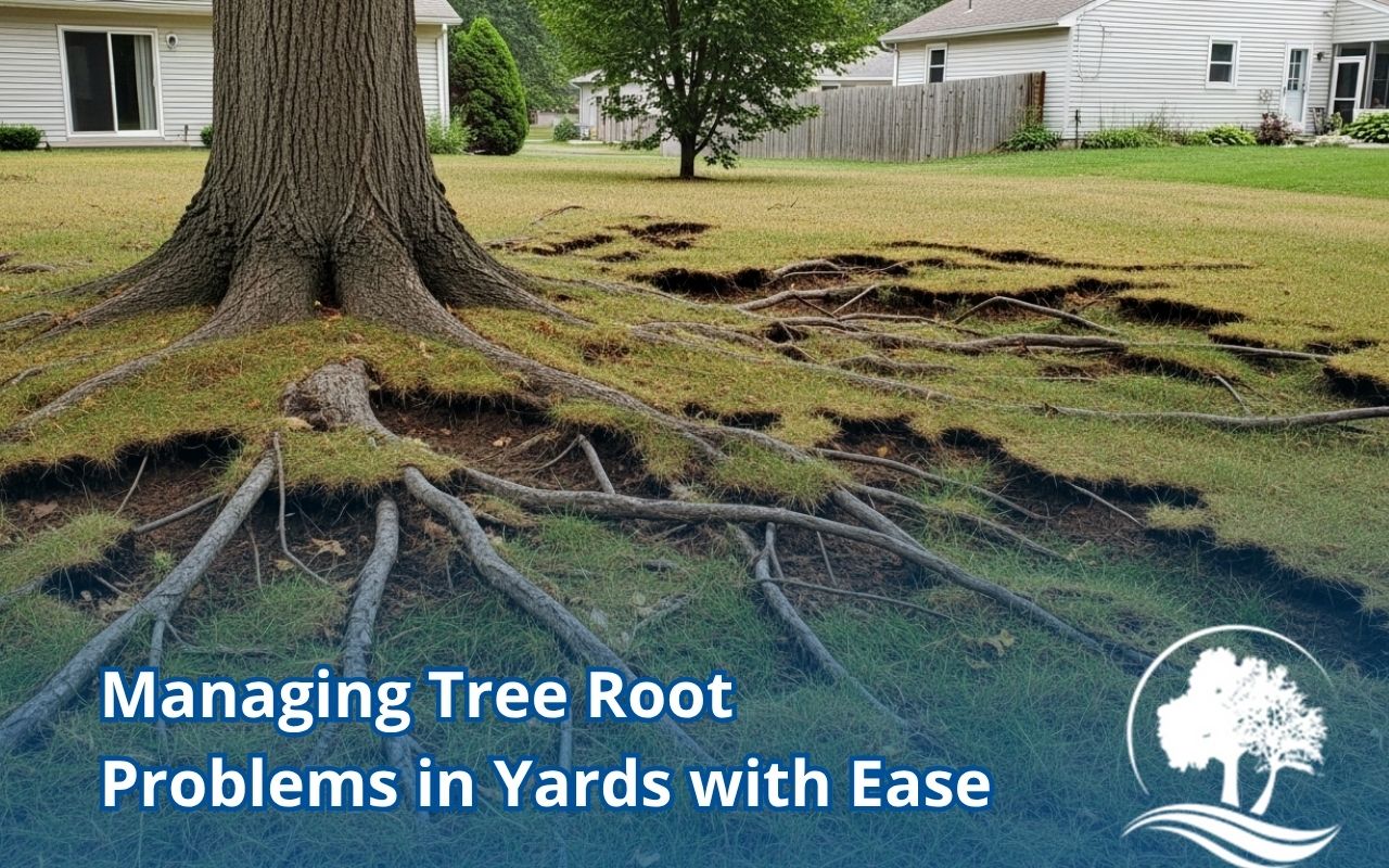 tree root problems in yards causing lawn damage near a mature tree