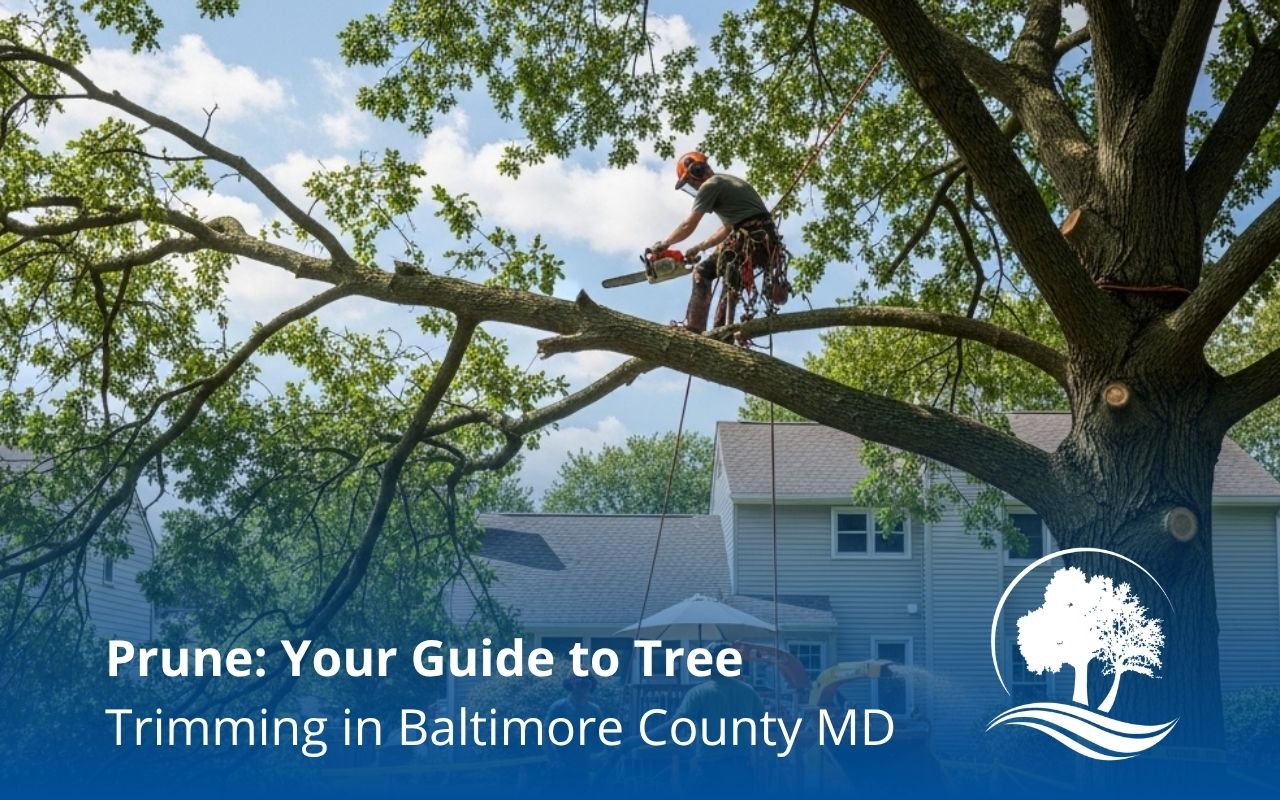 Professional tree trimming in Baltimore County, MD near a home